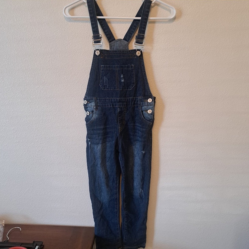 Kidscool Space Kids Denim Overalls Dark Wash Distressed Dungarees Size 130